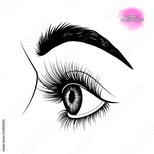 Fashion illustration. Black and white hand-drawn image of beautiful eye in profile with eyebrows and long eyelashes. Vector EPS 10.