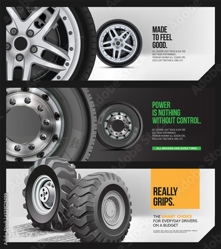 Vector tyre banners set. Modern idea for landscape digital banner, flyer, and leaflet design. Set of Lettering Advertisements for Service. Tires car shop online. Tire car advertisement flyer. Booklet.