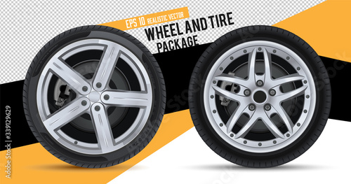 Wheels and tires package. Realistic vector. A set of winter and summer car tires. Car wheel with alloy rims.  Wheel parts. Tire service. Set of two tires. New car wheels for cars and trucks.