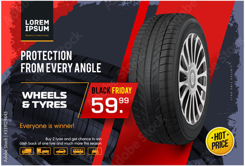 Wheel sale. Black Friday. Advertising poster, brochure, billboard, booklet. Realistic vector car tyre . Seasonal sale of wheels. Web page design of car service. 