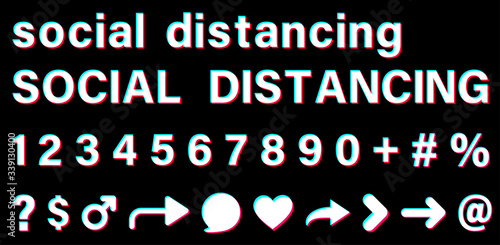 Social distancing white sign on black background.
