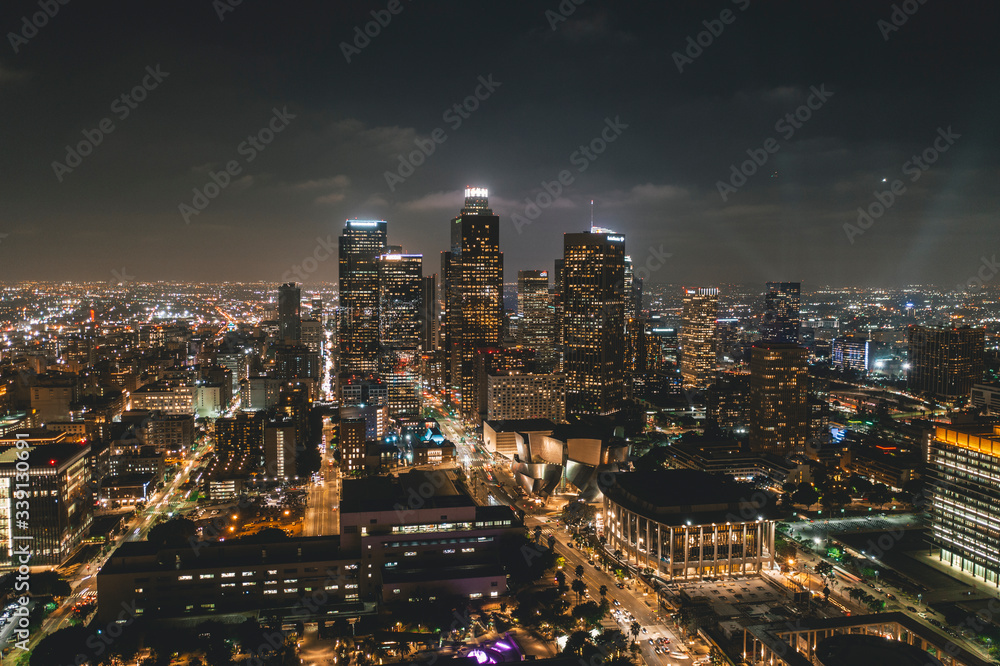 Aerial View of Downtown Los Angeles Skyline with City Lights from Aerial Perspective