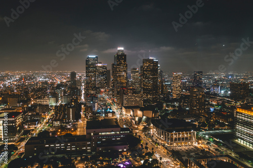 Fototapeta Naklejka Na Ścianę i Meble -  Aerial View of Downtown Los Angeles Skyline with City Lights from Aerial Perspective