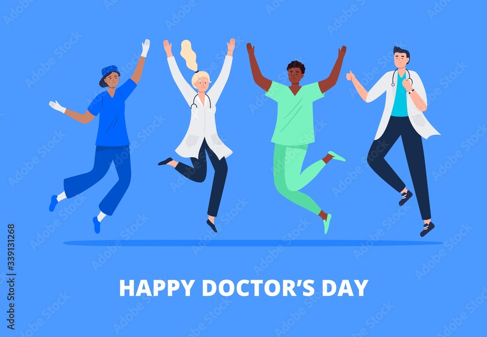 Concept of happy doctor's day. Multicultural group of people jumping with raised hands in various poses. Doctors, surgeons, nurses rejoicing together. Vector flat style.