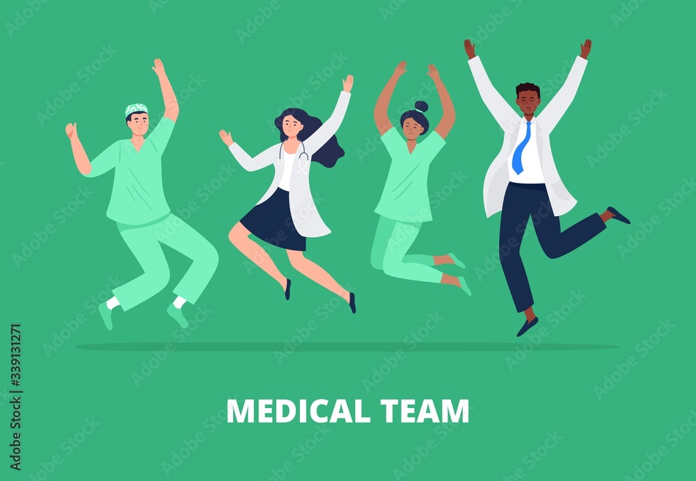 Concept of happy medicine team. Multicultural group of people jumping with raised hands in various poses. Doctors and nurses rejoicing together. Vector flat style.