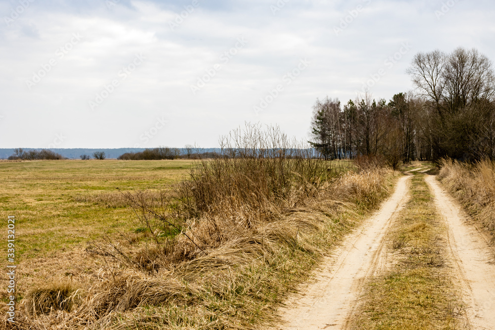 Countryside straight dirt road, meadows and pastures. Rural landscape early spring day. Grady Polewne, Poland, Europe. Countryside straight dirt road, meadows and pastures. Rural landscape early spring day. Grady Polewne, Poland, Europe.