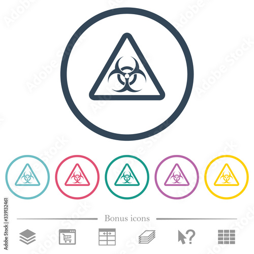 Biohazard warning flat color icons in round outlines