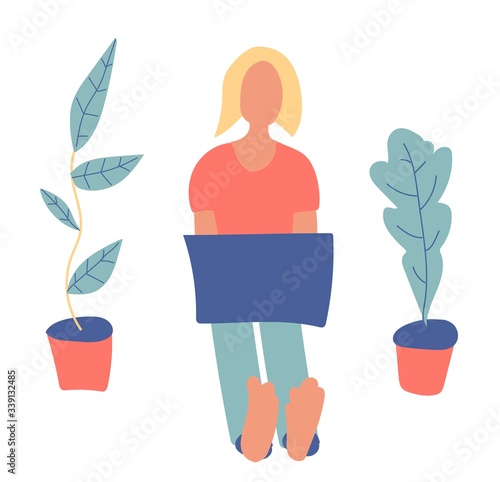 A vector woman at work with a laptop. A freelance worker working while quarantined at home in gentle shades of pink, yellow and blue. Design for banners, layouts, web, social networks, advertising.
