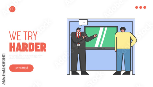 Website Landing Page. Men Are Standing With Promo Stand, Big TV On The Wall And Representing Their Products. People Sale Appliances. Web Page Cartoon Linear Outline Flat Style. Vector Illustration