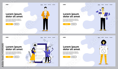 Business, service, healthcare occupations set. Manager with papers, waiter, doctor, protester with placard. Flat vector illustrations. Job, work concept for banner, website design or landing web page