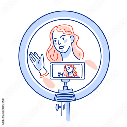 Internet blogger, profession or hobby, girl in front circular light line vector illlustration. Webcam streaming recording, Woman online answering questions and messages.
