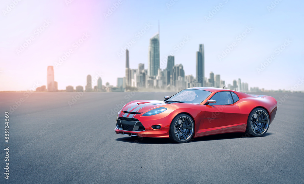 3D rendering of a brand-less generic concept car in outdoor environment