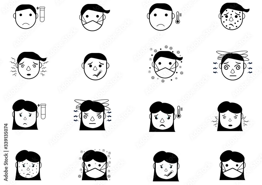 Set of different diseases vector icon.Young woman and man with different types of pains and diseases Sick woman,thin line style,headache, patient,sickness.Vector health and different ill concept. Set of different diseases vector icon.Young woman and man with different types of pains and diseases Sick woman,thin line style,headache, patient,sickness.Vector health and different ill concept.