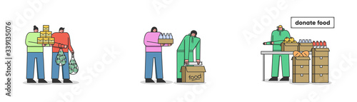 Food Donation Concept. People Are Donating Food Supply Voluntarily To Charitable Organization. Characters Bring Lots Of Food To Help Needy. Cartoon Linear Outline Flat Style. Vector Illustrations Set