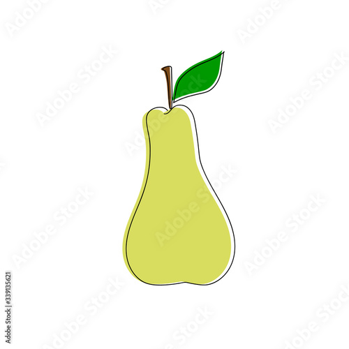 Hand drawn doodle yellow pear on stem with green leaf with offset color fill in retro style. Healthy diet autumn fruits harvest icon sticker