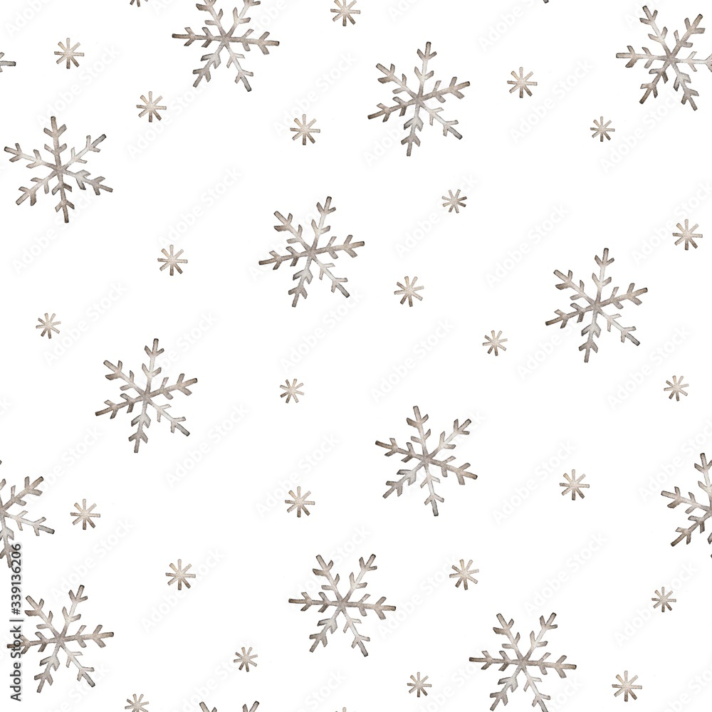 Christmas watercolor illustration with snowflakes. Seamless pattern with brown snowflakes on a white background. Christmas watercolor illustration with snowflakes. Seamless pattern with brown snowflakes on a white background.