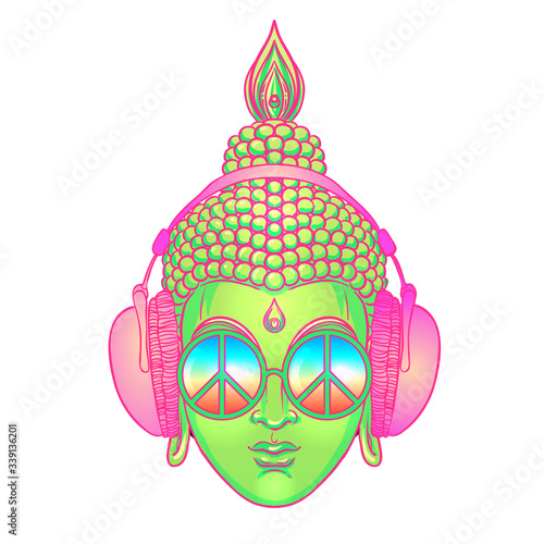 Peace and Love. Colorful Buddha in rainbow glasses listening to the music in headphones. Vector illustration. Hippie peace sign on sunglasses. Psychedelic concept. Buddhism, trance music. Esoteric art