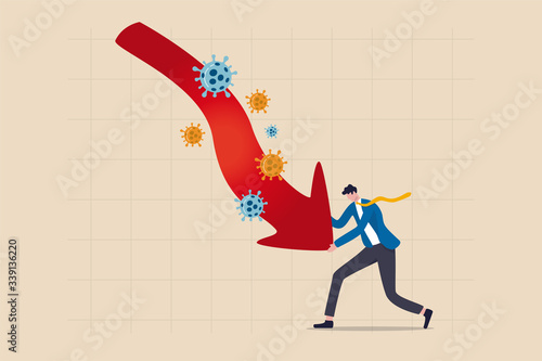 Entrepreneur small business owner fight to survive in COVID-19 crisis recession concept, calm businessman business owner fight pushing red arrow pointing down graph with Coronavirus COVID-19 pathogen.
