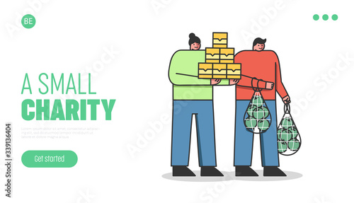 Food Donation Concept. Website Landing Page. Volunteers Standing Holding Lots Of Food Supply. People Donate Food To Poor Needy People. Web Page Cartoon Linear Outline Flat Style. Vector Illustration