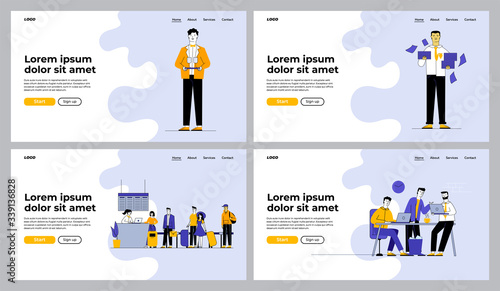 Business and service occupations set. Manager with papers, waiter with tray, receptionist, project team. Flat vector illustrations. Work, job concept for banner, website design or landing web page