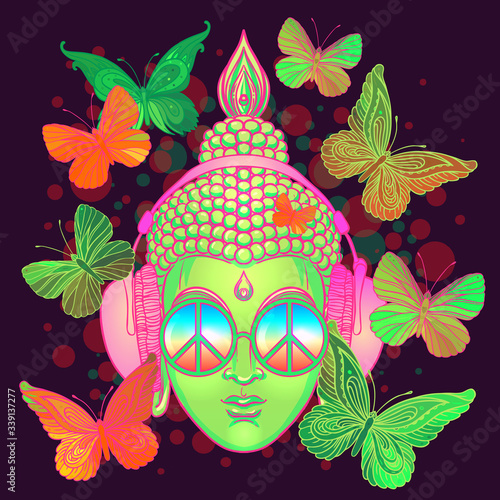 Peace and Love. Colorful Buddha in rainbow glasses listening to the music in headphones. Vector illustration. Hippie peace sign on sunglasses. Psychedelic concept. Buddhism, trance music. Esoteric art