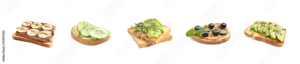 Set of different toasts with chia seeds on white background. Banner design Set of different toasts with chia seeds on white background. Banner design