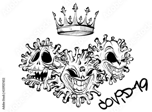 Illustration of the evil face of the virus, with a crown above his head. Coronavirus outbreak and coronaviruses influenza as a pandemic medical health risk concept