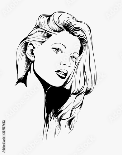 Hand drawn beautiful young woman face. Fashion.  Beautiful Woman Face