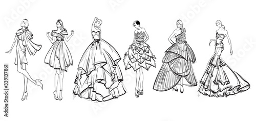 Beautiful young women in ethnic style.. Hand drawn stylish woman portrait. Fashion lady. Festive outfit. Sketch. Fashion model posing in dress. Hand drawn fashion woman.