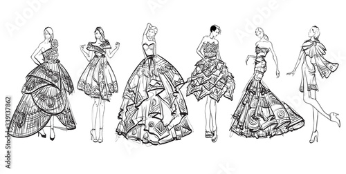 Beautiful young women in ethnic style.. Hand drawn stylish woman portrait. Fashion lady. Festive outfit. Sketch. Fashion model posing in dress. Hand drawn fashion woman.