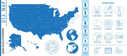 Map of the United States of America with pictograms and icons of Covid-19 sympoms and other respiratory diseases, vector illustration for infographic and posters