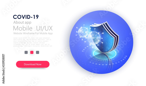 Virus protection, website page template. China Wuhan coronavirus epidemic. Shield with protecting from bacteria, virus, microbes. Coronavirus 2019-nCov novel coronavirus concept. Vector web banner