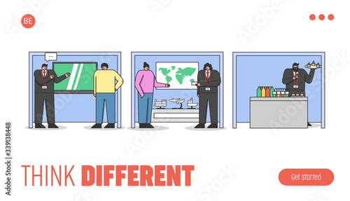 Website Landing Page. People Are Standing With Promo Stands And Representing Their Products Like Appliances, World Transport And Patisserie. Web Page Cartoon Linear Outline Flat Vector Illustration