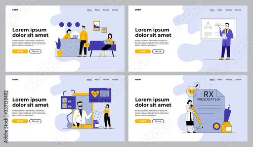 Medical examination set. Doctor signing prescription, online consultation, people at reception. Flat vector illustrations. Healthcare, medicine concept for banner, website design or landing web page