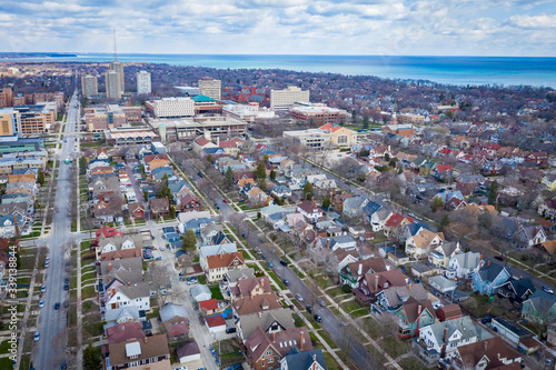 Aerial view of Milwaukee Wisconsin featuring downtown skyline and Lake Michigan