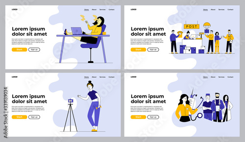 Work and lifestyle set. Employee smoking in office, online fitness, doctors team. Flat vector illustrations. Online and offline occupations concept for banner, website design or landing web page