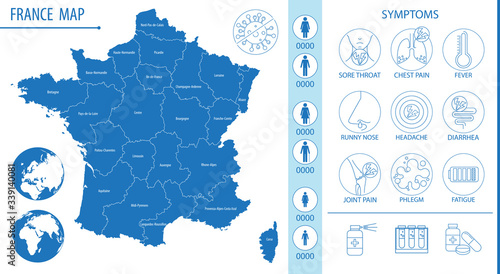 France map with pictograms and icons of symptoms, Covid-19 and other respiratory diseases, vector illustration for infographics and posters