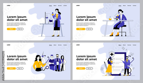 Medical examination and healthcare set. Patient consulting doctor, hospital staff, lab test. Flat vector illustrations. Medicine, health concept for banner, website design or landing web page