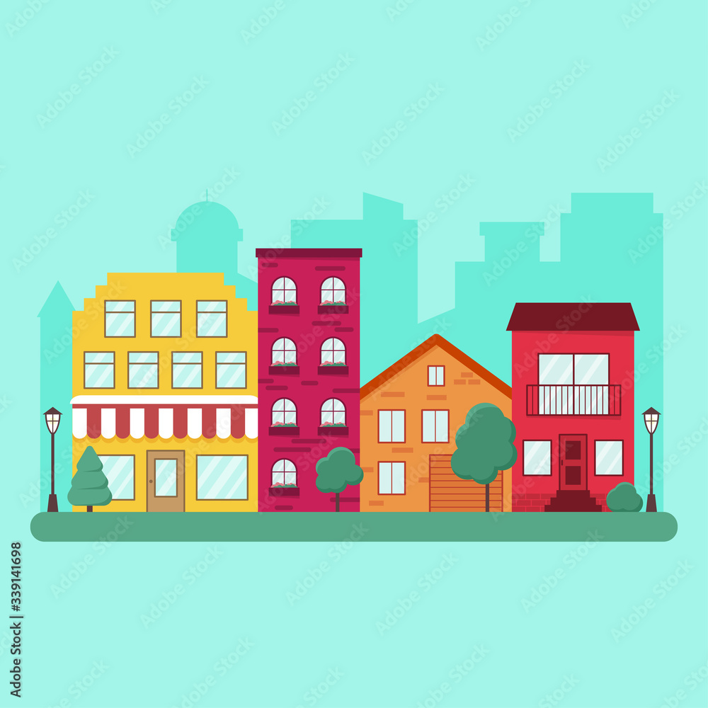 Summer in the city. Street in the town. Vector illustration. Flat