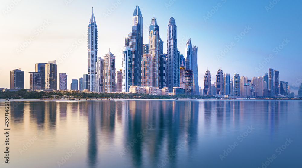 Dubai Marina and famous Jumeirah beach at sunrise, United Arab Emirates