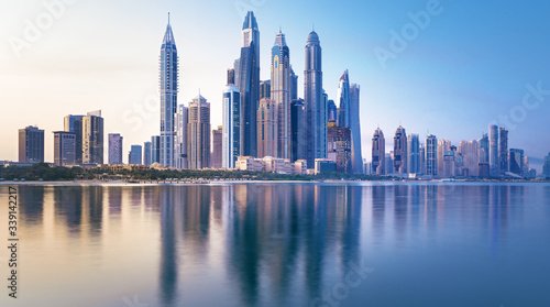 Dubai Marina and famous Jumeirah beach at sunrise  United Arab Emirates