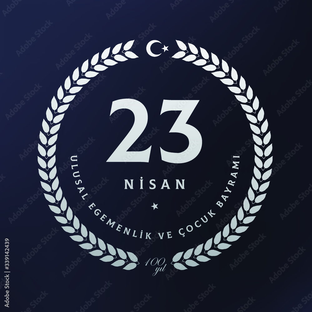 Elegant design 100 years of the 23th April, National Sovereignty and Children’s Day Turkey celebration design. (23 nisan ulusal egemenlik ve cocuk bayraminın 100. yılı) gold label on blue background Elegant design 100 years of the 23th April, National Sovereignty and Children’s Day Turkey celebration design. (23 nisan ulusal egemenlik ve cocuk bayraminın 100. yılı) gold label on blue background