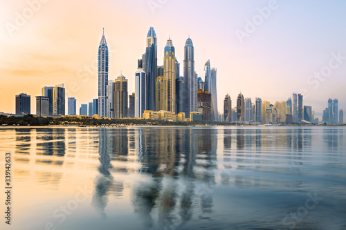 Dubai Marina and famous Jumeirah beach at sunrise, United Arab Emirates