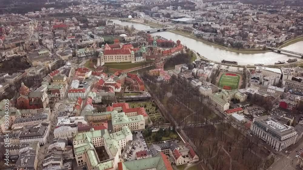 Amazing drone shot above old town of Krakow city in Poland. Amazing drone shot above old town of Krakow city in Poland.