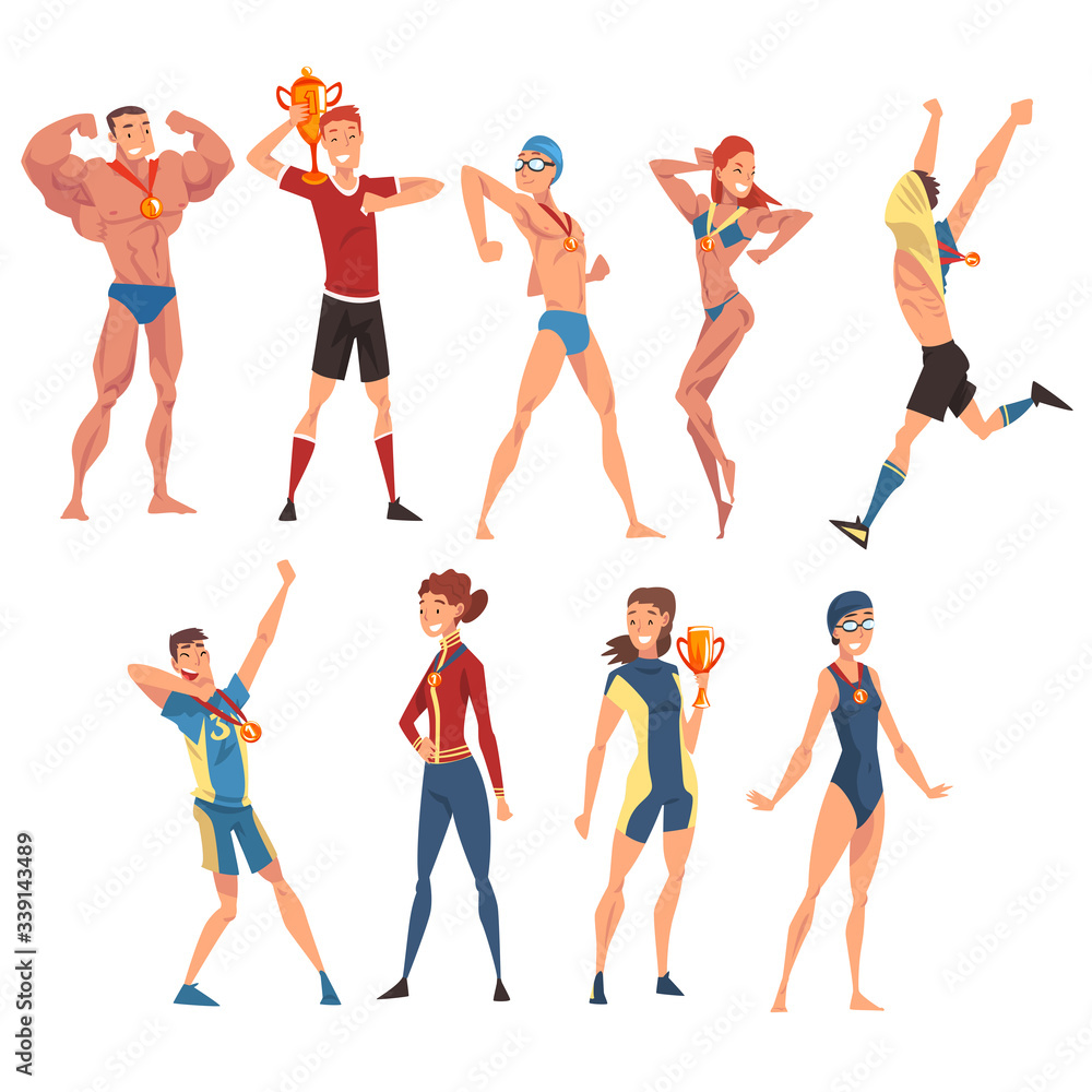 Athletes of Various Sports Disciplines Celebrating Victory Collection, Happy Sportsmen and Sportswomen Posing with Medals and Winner Cups Vector Illustration Athletes of Various Sports Disciplines Celebrating Victory Collection, Happy Sportsmen and Sportswomen Posing with Medals and Winner Cups Vector Illustration
