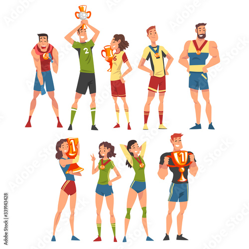Athletes of Various Sports Disciplines Celebrating Victory Collection, Happy Sportspersons Posing with Medals and Winner Cups Vector Illustration