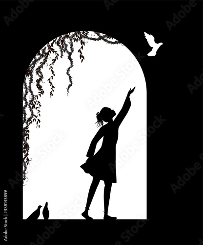 peace symbol, girl and pigeons in window arch, freedom for birds, childhood memories, black and white,