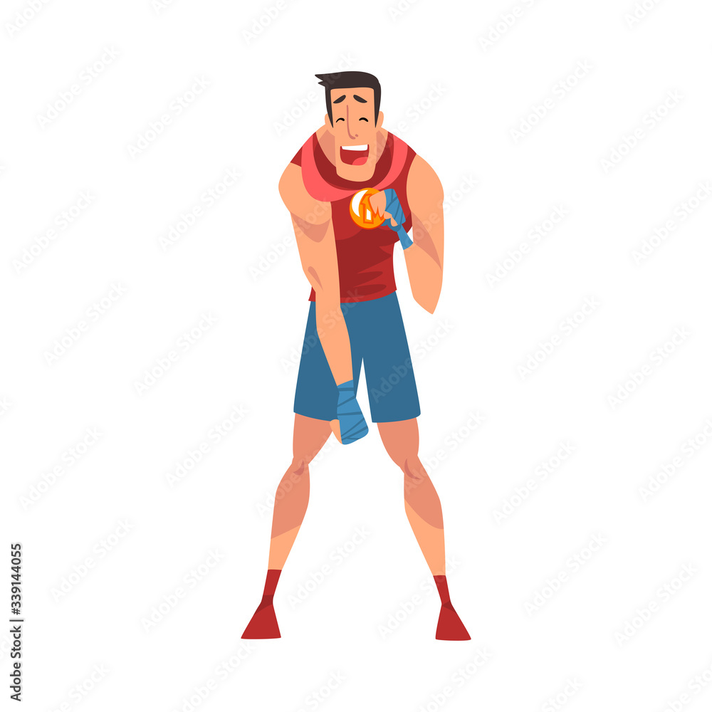 Happy Male Boxer Posing with Medal, Athlete in Uniform Celebrating His Victory Vector Illustration Happy Male Boxer Posing with Medal, Athlete in Uniform Celebrating His Victory Vector Illustration