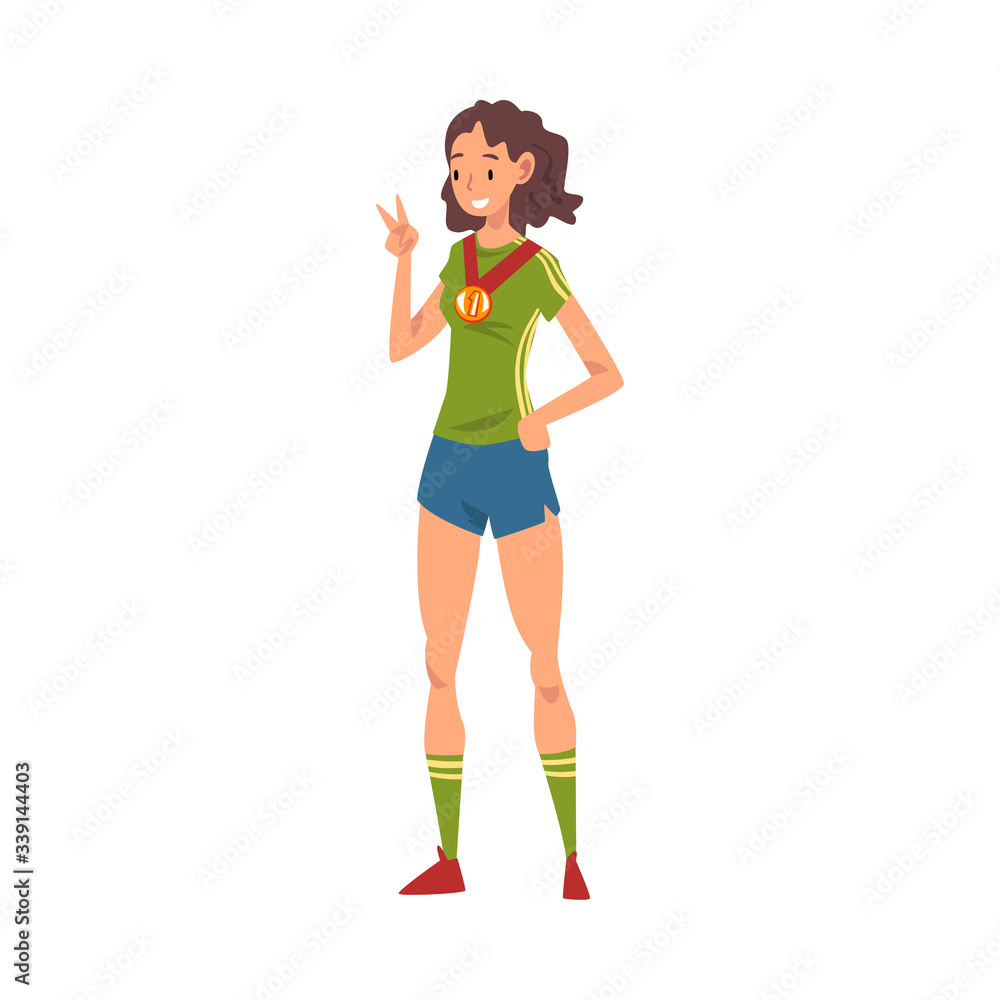 Beautiful Girl in Sports Uniform with Medal, Happy Female Athlete Character Celebrating Her Victory Vector Illustration Beautiful Girl in Sports Uniform with Medal, Happy Female Athlete Character Celebrating Her Victory Vector Illustration