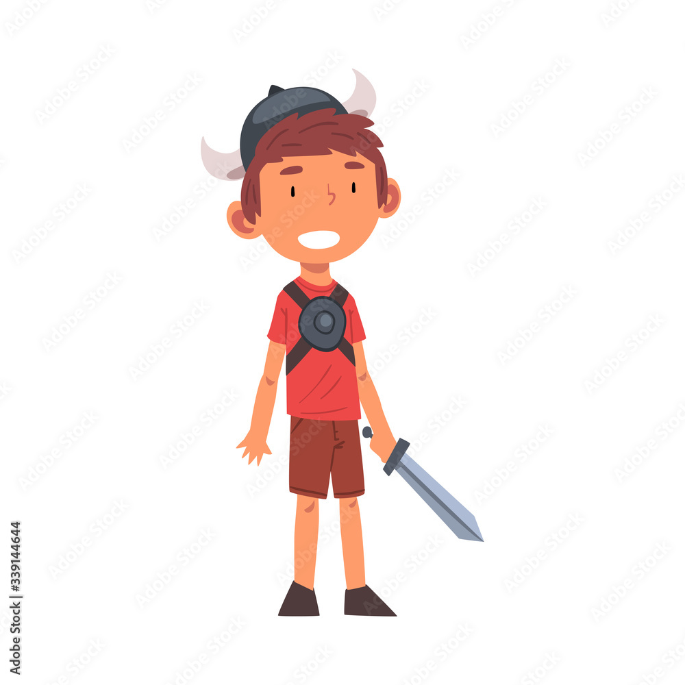 Smiling Boy Dressed as Knight, Cute Kid Playing Dress Up Game Cartoon Vector Illustration